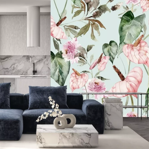 Papier peint  Plantes et fleurs tropicales sur fond bleu