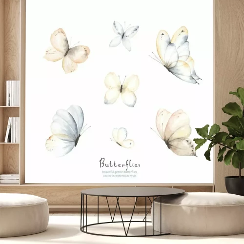 Sticker  Set of flying gentle butterflies blue, beige, brown and indigo colors. Vector illustration in vintage watercolor style. Template for your design.