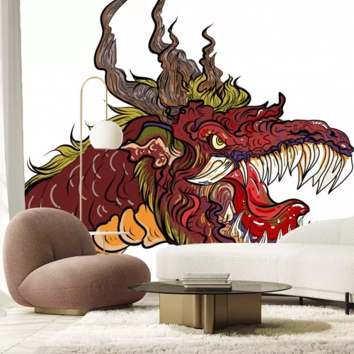 Sticker  Dragon head isolate on white background.sticker dragon tattoo.Gold dragon on red background.