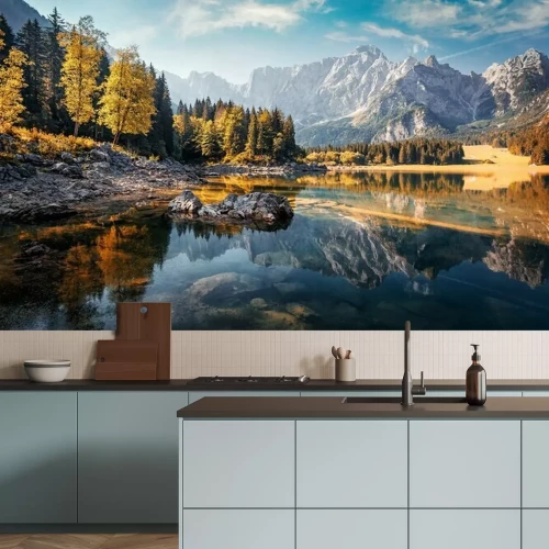 Papier peint  Forêt d'automne ensoleillée au bord d'un lac