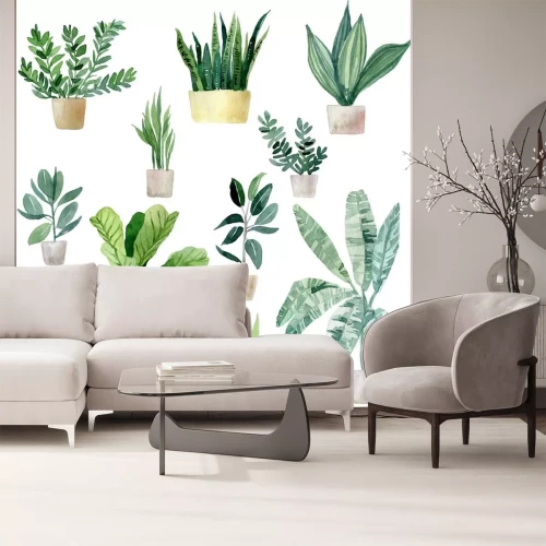 Sticker  Set of watercolor illustrations of home tropical plants in clay pots. Jungle, palm leaves, fern and others. Hand drawn watercolor set of anthurium green leaves and home plant isolated