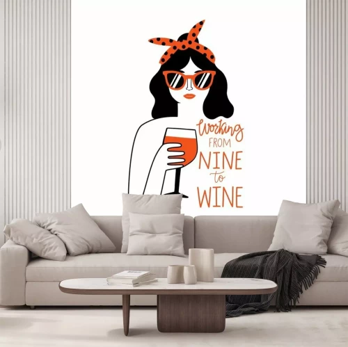 Sticker  Black hair and red lips woman in sunglasses and headband holding glass of red wine. Working from nine to wine lettering phrase.
