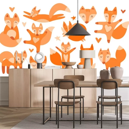 Sticker  Vector collection of 11 illustrations with cute chanterelles. Red beautiful foxes on a white isolated background. The fox sleeps, sits, runs, hugs, jumps, the muzzle of a kind wild beast.