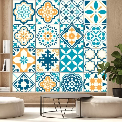 Sticker  Portuguese or Spanish Azujelo vector seamless tiles design - Lisbon retro truquoise and yellow pattern, tile big collection 	