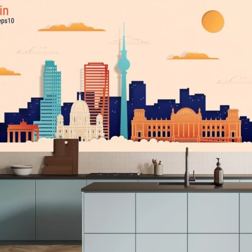 Sticker  Berlin city colorful paper cut style, vector stock illustration. Cityscape with all famous buildings. Skyline Berlin city composition for design.