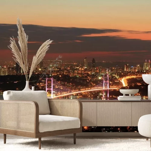 Papier peint  Panorama urbain nocturne avec un pont illuminé