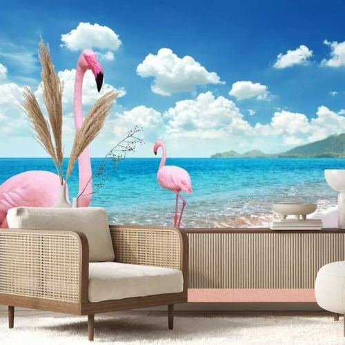 Papier peint  Flamant roses sur la plage