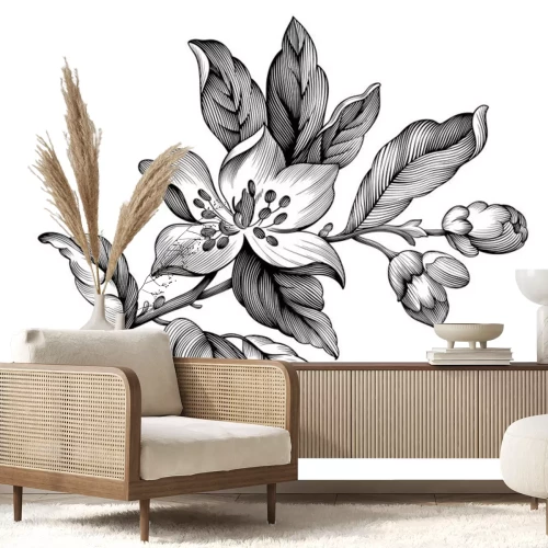 Sticker  Illustration floristique de fleurs de pommier noir et blanc