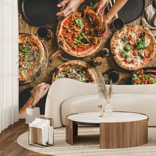 Papier peint  Vue de dessus d'une soirée pizza pour un repas partagé