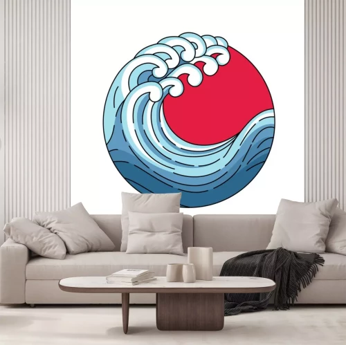 Sticker  Japan wave in red sun logo. Japanese oriental style vector art illustration. Vector Japan wave in red circle of the sun. Linear style outline logo. Asian ocean blue wave.