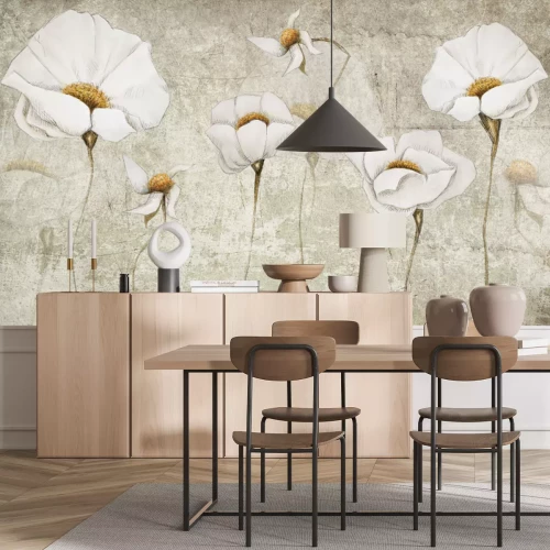 Papier peint  Tulipes blanches 3D sur fond en béton