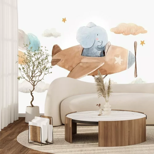 Papier peint  Cute watercolor artwork with baby elephant on the plane with air baloons, clouds and stars. Stock illustration.