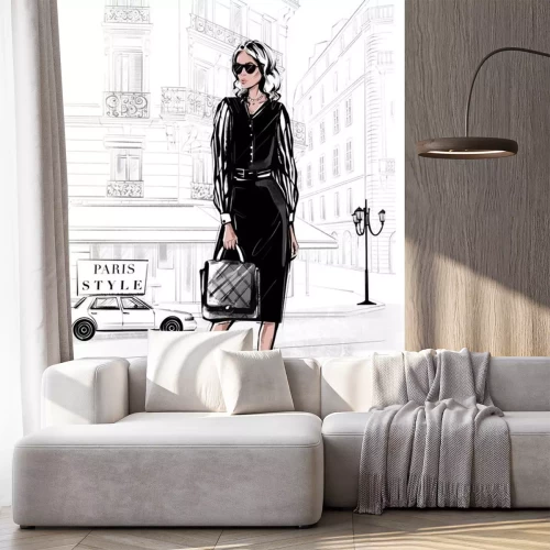 Sticker  Hand drawn beautiful young woman in black dress. Fashion woman with bag. Girl in black shoes with Paris street background. Sketch. Fashion illustration.