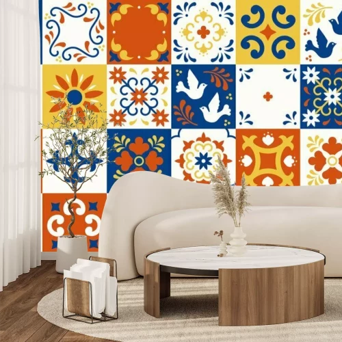 Sticker  Mexican talavera pattern. Ceramic tiles with flower, leaves and bird ornaments in traditional majolica style from Puebla. Mexico floral mosaic in classic blue and white. Folk art design.
