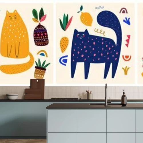 Sticker  Cute spring pattern collection with cat. Decorative abstract horizontal banner with colorful doodles. Hand-drawn modern illustrations with cats, flowers, abstract elements