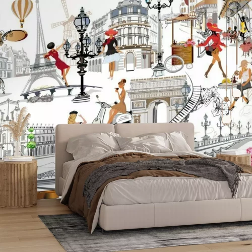 Sticker  Set of Paris illustrations with fashion girls, cafes and musicians. Vector illustration.