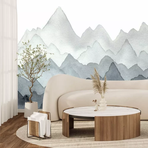 Papier peint  Abstract gray hand drawn watercolor landscape with dark and light mist mountains. Minimalistic nature illustration with stones and forest for travel background decoration, wallpaper