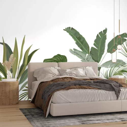 Sticker  Seamless Tropical Floral Print with Exotic Green Jungle Leaves on White Background. Rainforest Plants Wallpaper Template, Nature Textile Ornament, Philodendron Monstera Flowers Vector Illustration