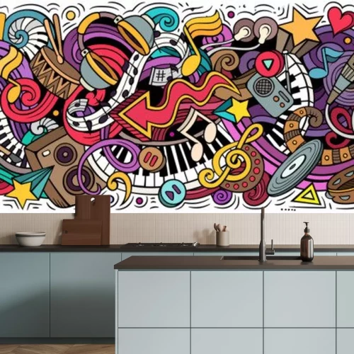 Sticker  Music hand drawn cartoon doodles illustration. Colorful vector banner