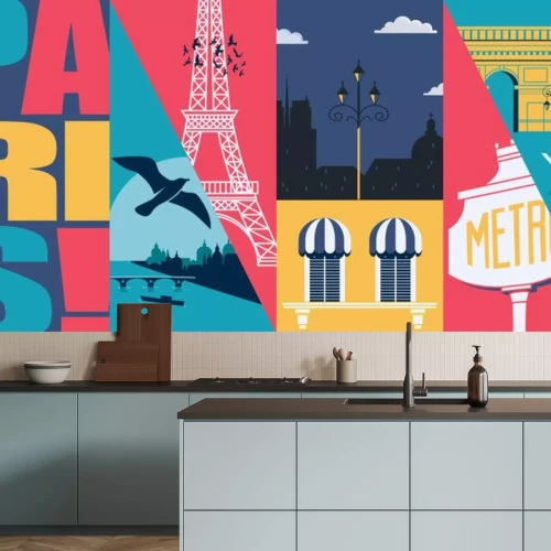 Sticker  France vector skyline illustration, postcard. Travel to French capital Paris modern flat graphic design