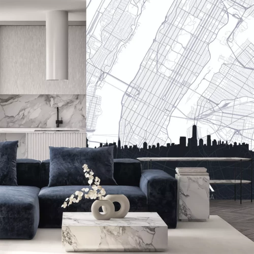 Sticker  Skyline and city map of New York, detailed urban plan vector print poster