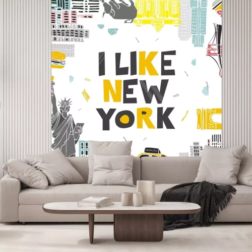 Sticker  Decorative banner with symbols and attractions and the words I love New York. Postcard for tourists, travel guides, invitations. Poster for wall decoration in the room, classroom. Vector illustration.