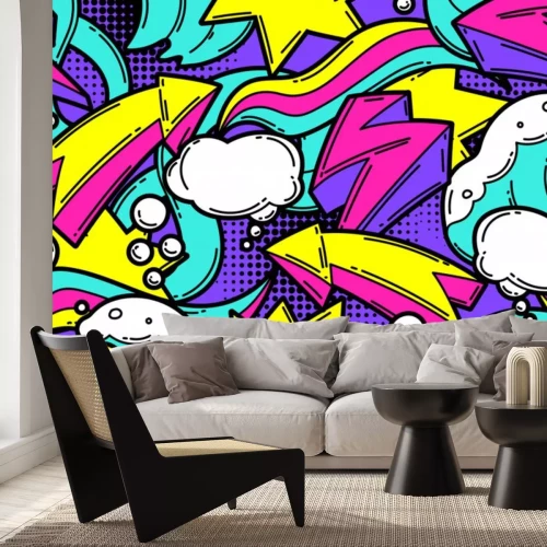 Sticker  Seamless pattern with cartoon decorative elements. Urban colorful teenage creative background.