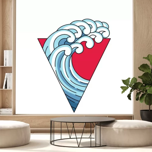 Sticker  Japan wave in triangle red sun logo. Japane oriental style vector art illustration. Vector Japan wave in red triangle. Linear style outline logo. Asian, chinese ocean blue wave trigon logo.
