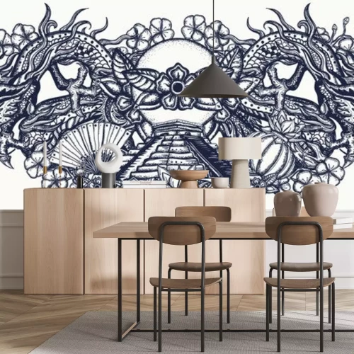 Sticker  Сhinese dragons and mayan pyramids, color tattoo. Old school style. Traditional asian style. Ancient mythology and culture