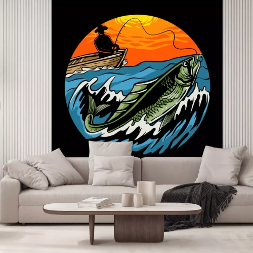 Sticker  Sunset fishing illustration. Fisherman on wooden boat with a fishing rod pulls a fish vector for tshirt design, poster, web, sticker, or wallpaper