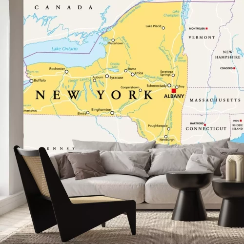 Sticker  New York State (NYS), political map, with capital Albany, borders, important cities, rivers and lakes. State in the Northeastern United States of America. English labeling. Illustration. Vector.