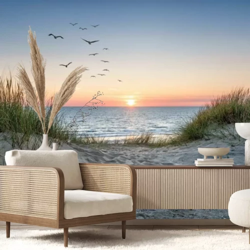 Papier peint  Dunes de sable au bord de la mer et coucher de soleil