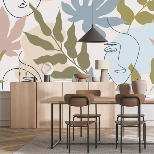 Sticker  Visages abstraits et feuilles tropicales