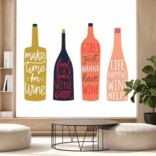 Sticker  Vector set with bottles of wine and champagne with lettering and calligraphy quotes.