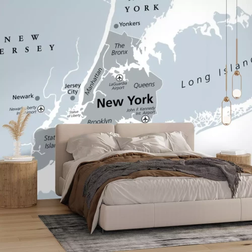 Sticker  New York City gray political map. Most populous city in the United States located in the state of New York. Manhattan, Bronx, Queens, Brooklyn and Staten Island. English labeling. Illustration. Vector