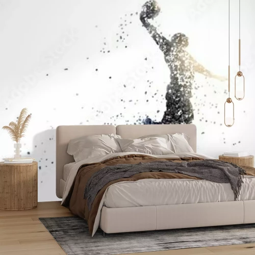 Papier peint  Joueur de basket avec ballon sur fond blanc motif abstrait