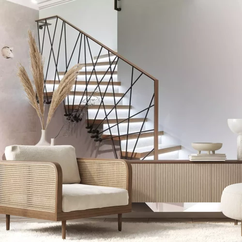 Sticker  Stairs to the top. Design stairs made of metal and wood. backed up. Metal railing in black