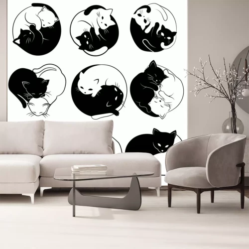 Sticker  Set of  yin yang cats. Collection of simple and cute black and white cats in the shape of yin yang. Vector illustration for the children. Tattoo.