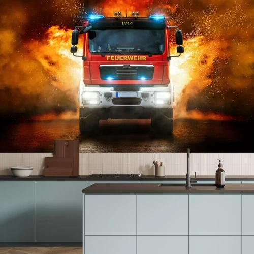 Papier peint  Camion de pompiers sur fond de flammes