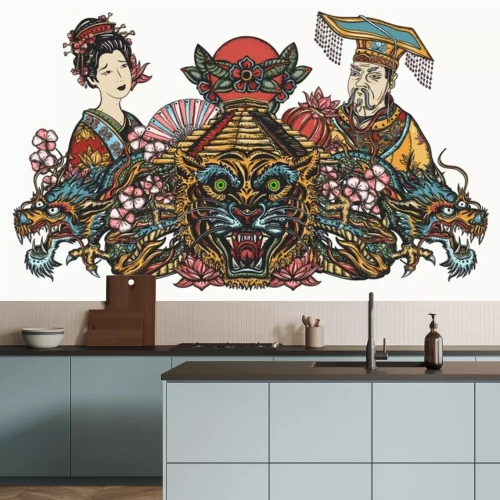 Sticker  Ancient China art. Dragons, tiger head, emperor, queen in traditional costume, fan, lantern and lotus flower. Asian oriental art. Tattoo and t-shirt design