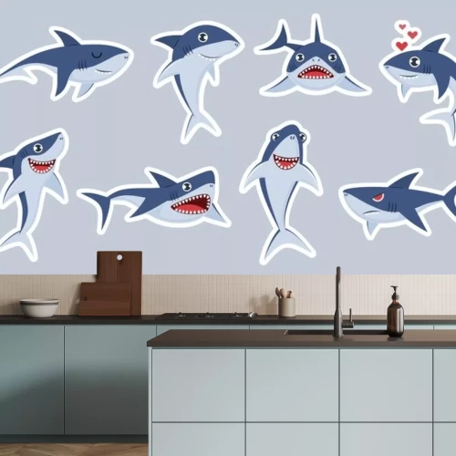 Sticker  Ocean shark mascot. Happy sharks, scary jaws and underwater swimming cute character, emotions fish for stickers, patches vector set