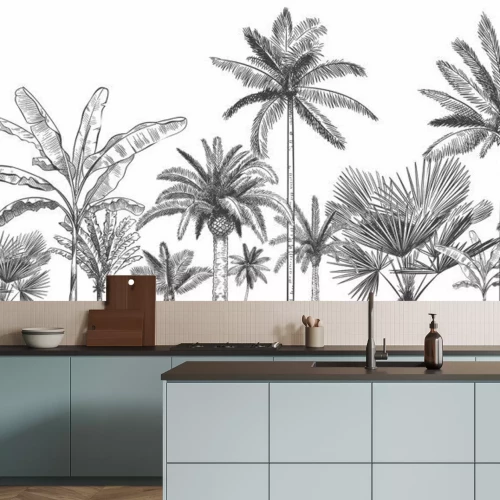 Papier peint  Seamless horizontal tropical background. Hand drawn palm trees, sketch exotic tropic jungle leaves and paradise palm tree vector wallpaper illustration. Exotic palm tree botanical, rainforest foliage