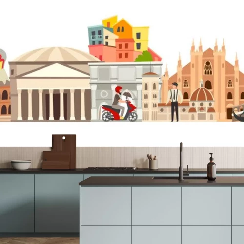 Sticker  Italy skyline colorful background. Famous Italy building. Italy hand drawn vector illustration. Italian travel landmarks/attraction. Vector illustration isolated on white background