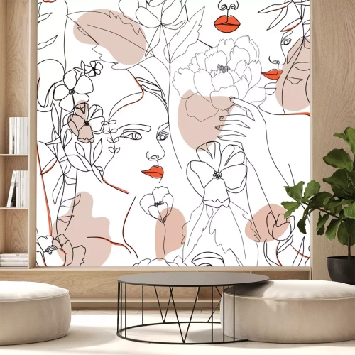 Sticker  Visages line art et fleurs