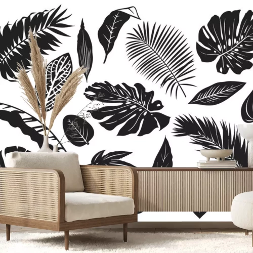 Sticker  Feuilles noires et blanches de diverses espèces végétales