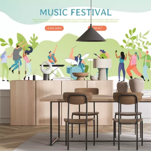 Sticker  Music festival poster, people on concert, rock band website concept, vector illustration. Men and women cartoon characters in flat style playing musical instruments, drums, guitar and piano keyboard