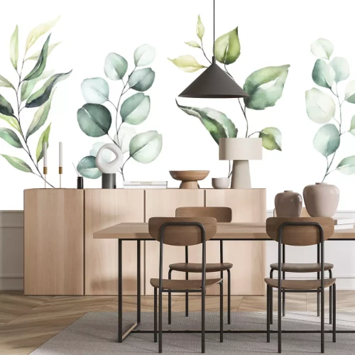 Papier peint  Branches de plantes à feuilles vertes sur fond blanc