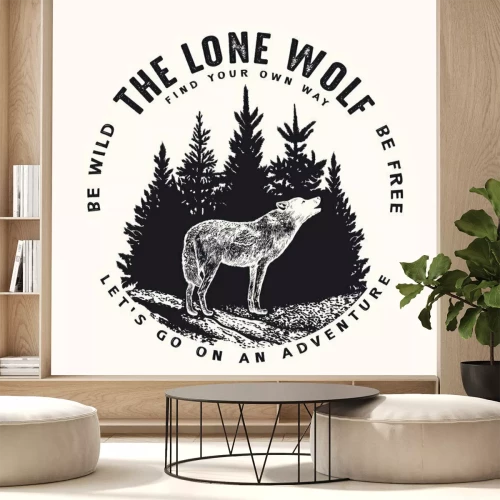 Sticker  Vector round illustration of howling wolf on forest and typography background. T-shirt print, emblem, label or badge design