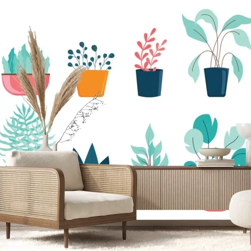 Sticker  Set of different house plants with green leaves in pots.