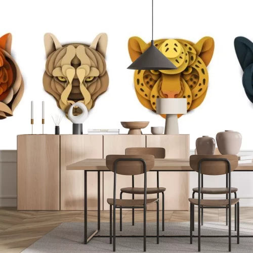 Sticker  Set of cartoon wild animal head in trendy paper cut craft graphic style. Tiger, cougar, leopard, panther. Modern design for advertising cover, poster, banner. Vector illustration